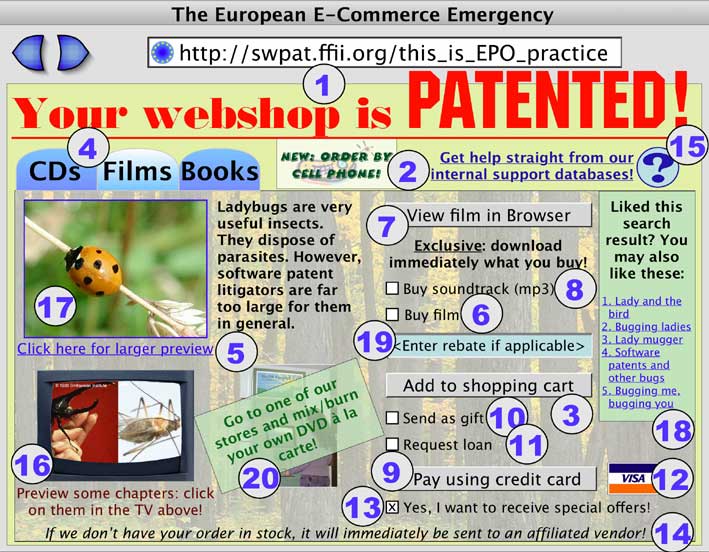 Image of webshop with all elements and processes covered by a granted European patent indicated with a number